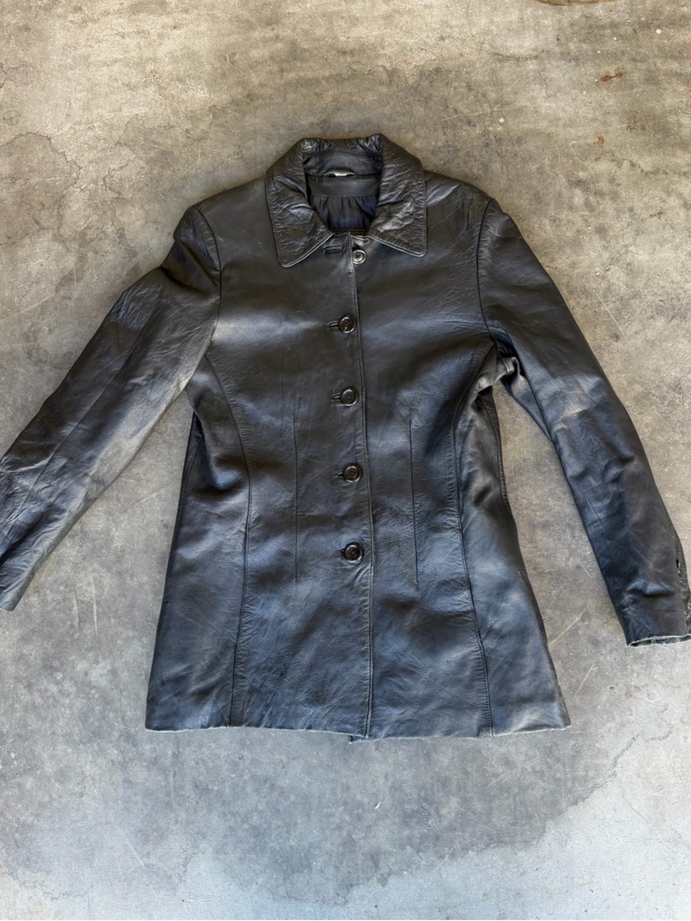 K.K Brothers Black Real Leather Hip Length Button Coat Woman’s L